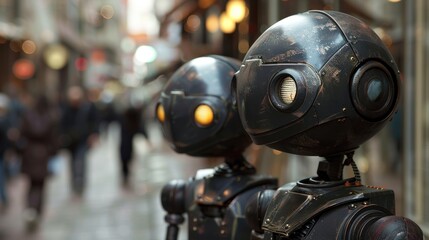 Fototapeta premium Two steampunk robots in a city street