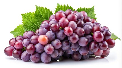 A vibrant cluster of fresh red grapes with green leaves isolated