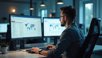 Data analyst works on multiple screens in modern office. Focused on productivity insights. Man uses computer analyzing global map data. Business, tech, innovation.