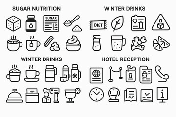 Icons of sugar nutrition, winter drinks, and hotel reception essentials