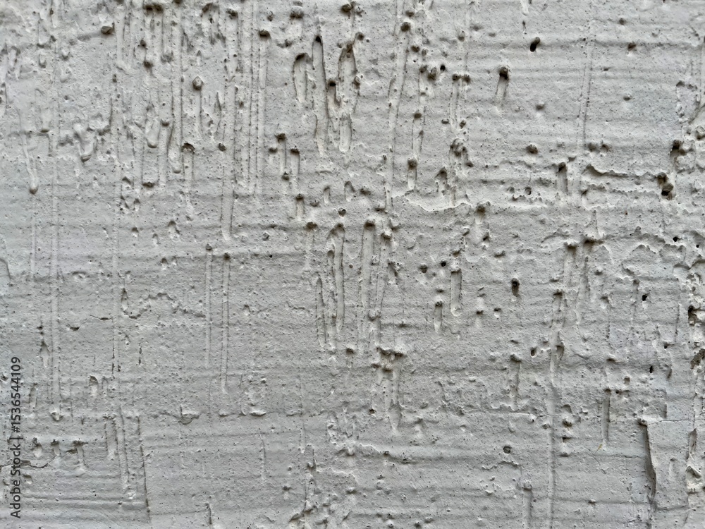 Poster rough white stucco wall with weathered pitted texture and subtle vertical drip patterns ideal for gr