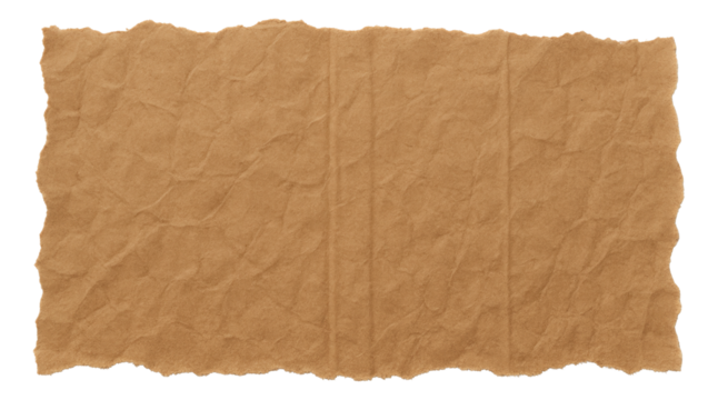 A textured piece of torn brown paper with rough edges and visible creases on transparent background.