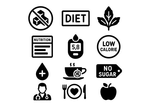Healthy diet icons: no sugar, low calorie, nutrition, health, wellness symbols