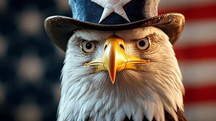 Patriotic bald eagle in top hat with american flag background. Independence Day, Fourth of July, July 4th - American Freedom Celebration, US National Holiday USA - Powered by Adobe