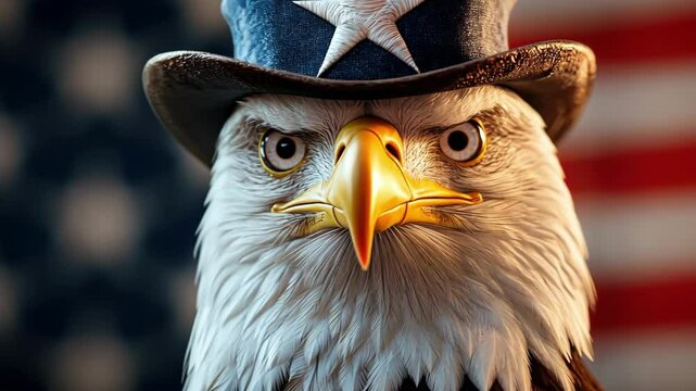 Patriotic bald eagle in top hat with american flag background. Independence Day, Fourth of July, July 4th - American Freedom Celebration, US National Holiday USA