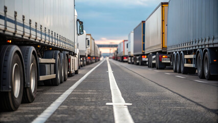 Import tariff policy concept. Trucks lined up on a highway under a cloudy sky.