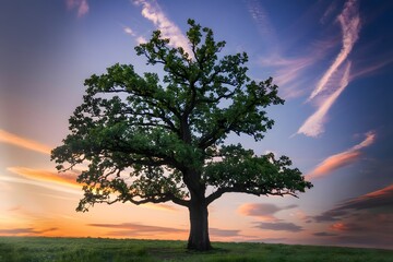 Obraz premium Majestic oak tree at sunset in a green field
