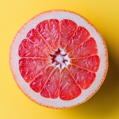 Close-Up of Radiant Grapefruit Section with Dimpled Peel Detail Against a Vibrant Yellow Background