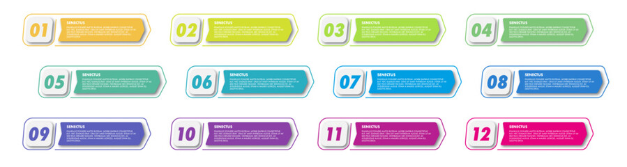 Bullet points numbers from 1 to 12 list markers modern style colorful trendy typography vector