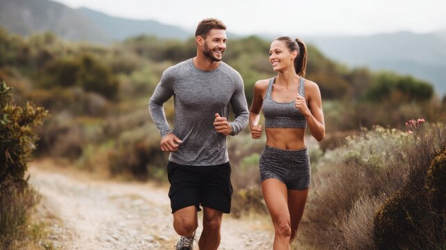Happy Athletic Couple Running on Trail Outdoors

