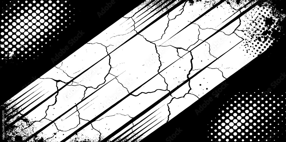 Aufkleber black and white abstract background with cracks and halftone dots and diagonal lines design creating