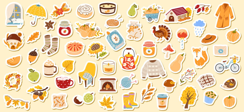 Cozy autumn vector sticker big set with pumpkins, leaves, warm sweaters, cocoa, candles, umbrella, hedgehog, cat. Hand drawn for seasonal clipart, scrapbooking, fall decorations, Thanksgiving designs