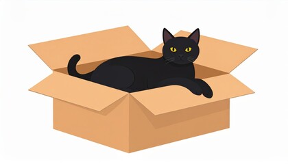Adorable young black kitten peeking from an open cardboard gift box