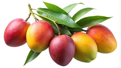 Cluster of ripe Alphonso mangoes still attached to a stem with leaves