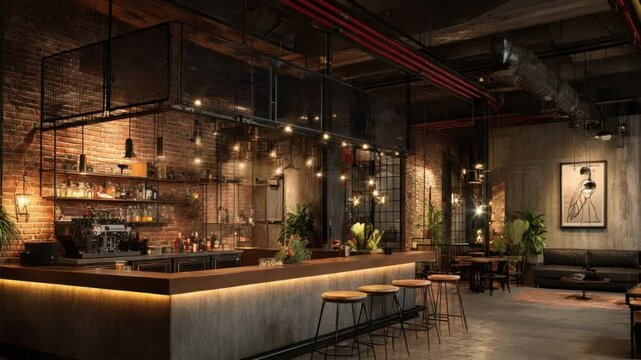 Rustic Bar Interior: An inviting ambiance of an interior bar, exuding a warm and inviting atmosphere, where exposed brick walls, and industrial design elements blend seamlessly.