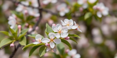 Obraz premium Soft-focus spring blossoms, blurred green leaves, bokeh effect, nature, image