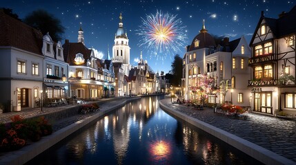 Naklejka premium New year celebration fireworks over scenic waterfront village nighttime digital art magical atmosphere