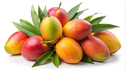 A colorful still life of ripe mangoes with leaves on white background