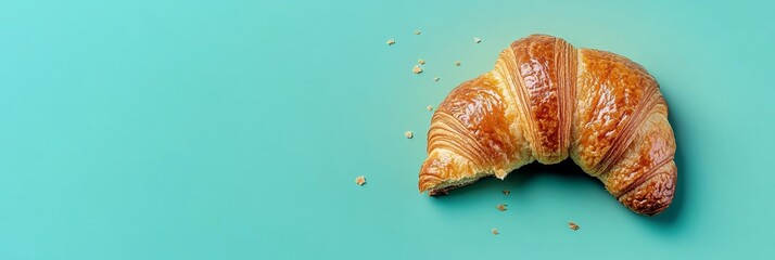 Delicious Freshly Baked Croissant with Bite Marks on Pastel Table, Perfect for Breakfast or Catering