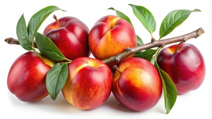 Delicious and fresh red and yellow nectarines on a branch with leaves