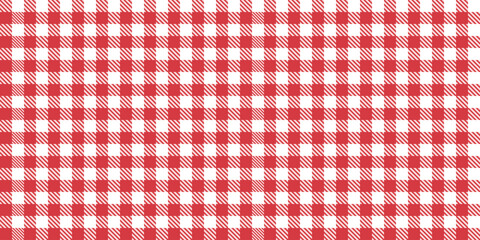 Seamless vector pattern with red and white gingham check design, picnic tablecloth textile, classic summer background, retro geometric square fabric layout for seasonal fashion and decorative uses