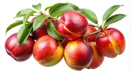 Branch with fresh nectarines and vibrant green leaves against a white background