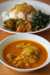 Nasi Padang, Indonesia, captured on June 16, 2025. A traditional Minangkabau rice dish served with a variety of flavorful side dishes such as rendang, vegetables, sambal, and curry sauces.