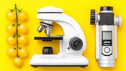 Yellow Cherry Tomatoes Microscope and Digital Device on Yellow Background