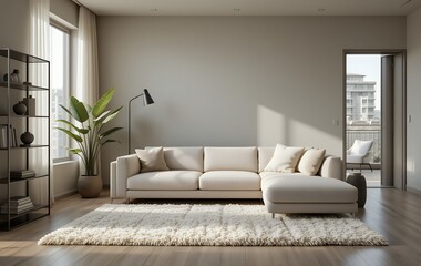 Modern minimalist living room interior featuring cozy white sofa with plush cushions and natural light