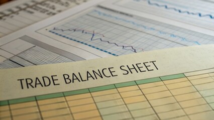 Diplomatic trade discussion concept. Trade balance sheet with graphs and data analysis on paper documents.