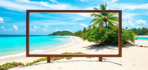 Serene island beach scene with turquoise sea, golden sand, and lush vegetation Billboard frame included,  sky,  summer