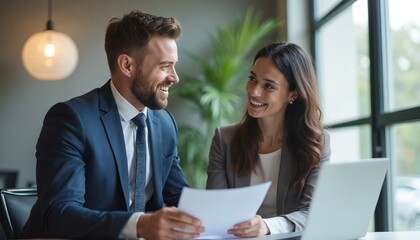 Obraz premium Smiling man broker presents insurance benefits to businesswoman in bright office. People look happy, successful teamwork, negotiating terms, partnership, business meeting with contract.