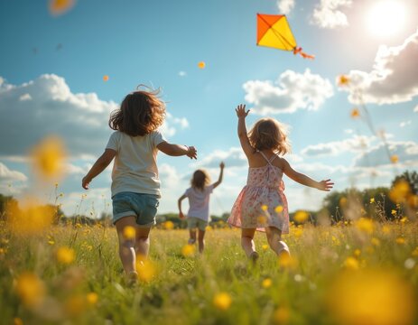 Joyful kids play outdoors in sunny spring meadow. Running, flying kite on blue sky, celebrating childhood. Happy children, freedom, fun, nature, summer vacation. Family time. Active lifestyle.