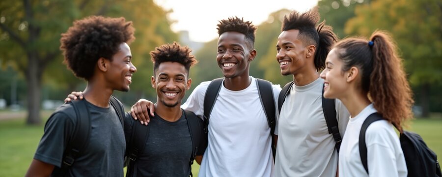 Happy multi-ethnic group of teenage friends with backpacks smiling in park. Young multiracial students spending time together talking. Guys, girls fun, laugh. Activewear, white, black clothes. - Powered by Adobe