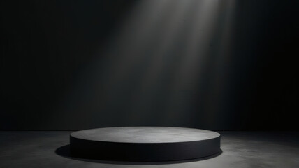 Dark podium with spotlight, empty stage for product, black background
