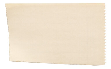Textured torn piece of light beige paper with a perforated edge on transparent background.