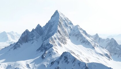 Obraz premium Snow-covered mountain peak against pure white background. Winter landscape, pristine cold panorama. Majestic scenery, ice on rocks. Ideal for travel, adventure or tourism projects.