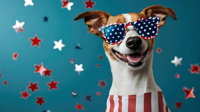 Happy dog in american flag sunglasses with red and blue stars on teal background. Independence Day, Fourth of July, July 4th - American Freedom Celebration, US National Holiday USA