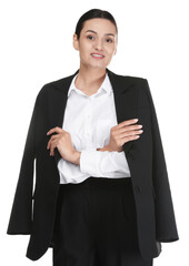 Confident business woman in suit on white background
