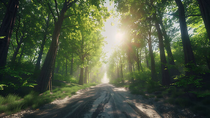 Fototapeta premium Serene Sunlit Forest Paths: Morning Light Filtering Through Lush Canopies