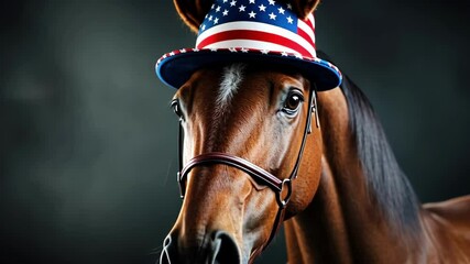 Horse wearing american flag hat against dark background. Independence Day, Fourth of July, July 4th - American Freedom Celebration, US National Holiday USA - Powered by Adobe