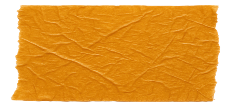 Square piece of crumpled, textured yellow paper with irregular edges on transparent background.