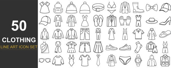 50 Stylish Clothing Line Art Vector Icons Including Shirts, Dresses, Footwear, Hats, Accessories, Outerwear, and Seasonal Fashion for Fashion Design, E-Commerce, and App UI Projects
