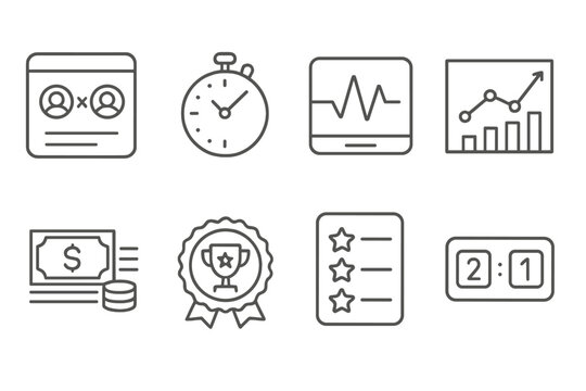 Betting Icons Collection. Line style icons of betting: match schedule icon, event countdown clock, live odds pulse, betting market