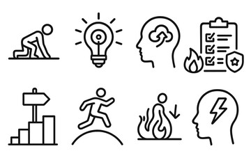 Motivation Icons. Line style icons of motivation: strong start icon, focus lightbulb, elevate mindset, step up marker, fire up