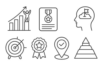 Goal Icons Collection. Line style icons of goals: success level chart, reward tracker, goal habits icon, dream-to-plan icon, laser