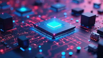Electronic circuit board with central processor unit glowing blue. Microchips, processors, data transfer visualization. High tech digital innovation concept. Futuristic tech background.