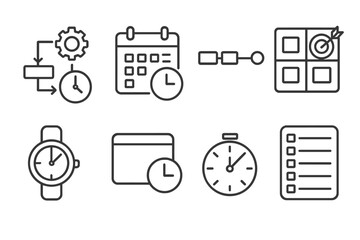 Time Management Icons. Line style icons of time management: schedule optimization, calendar event icon, timeline blocks, focus