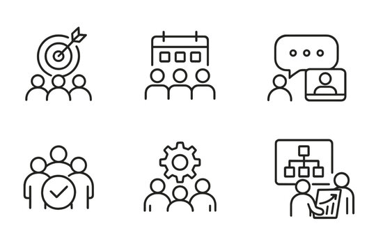 Teamwork Icon Set. Line style icons of teamwork: team goal tracker, shared calendar icon, group messaging, remote meeting icon,