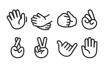 Hand Gesture Icons. Line style icons of stickers and emojis: waving hand, hug gesture, fist bump, ok sign, crossed fingers,